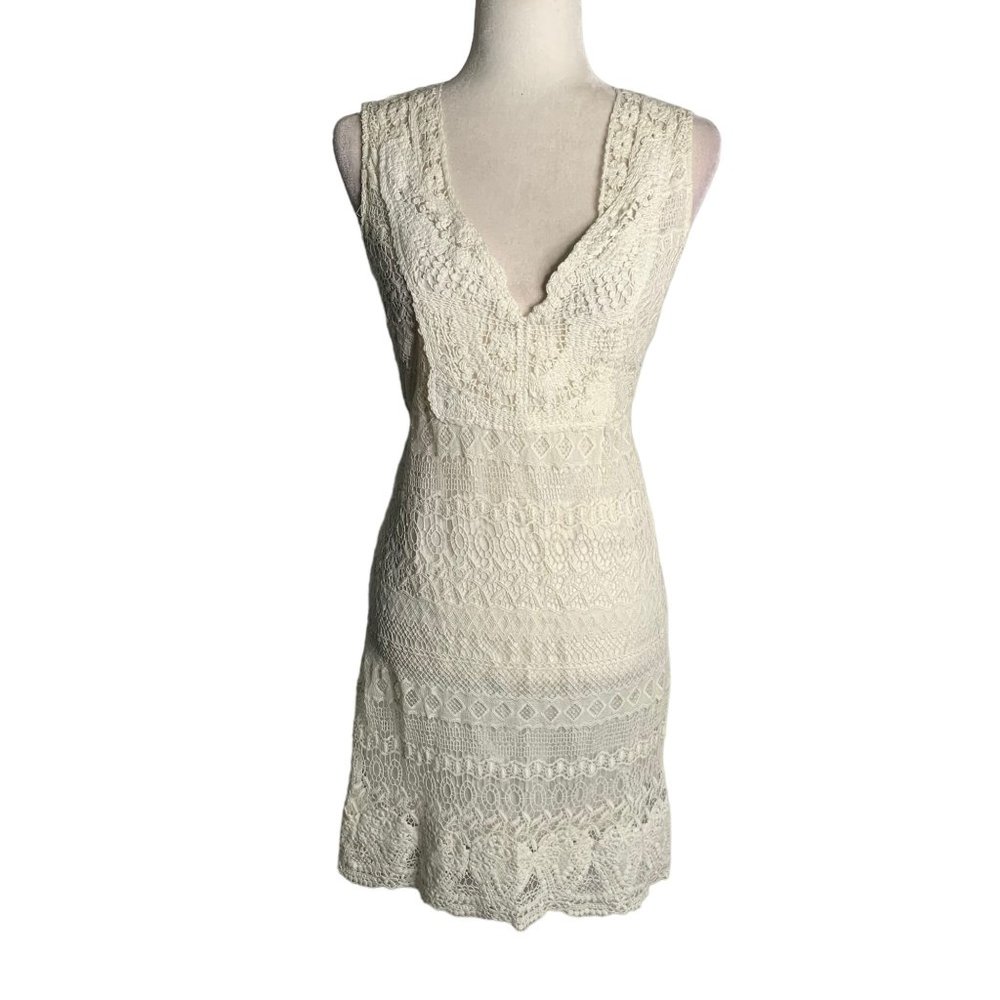 Hale Bob Crochet Lace Silk Dress S White Sleeveless V Neck Lined Knee Length